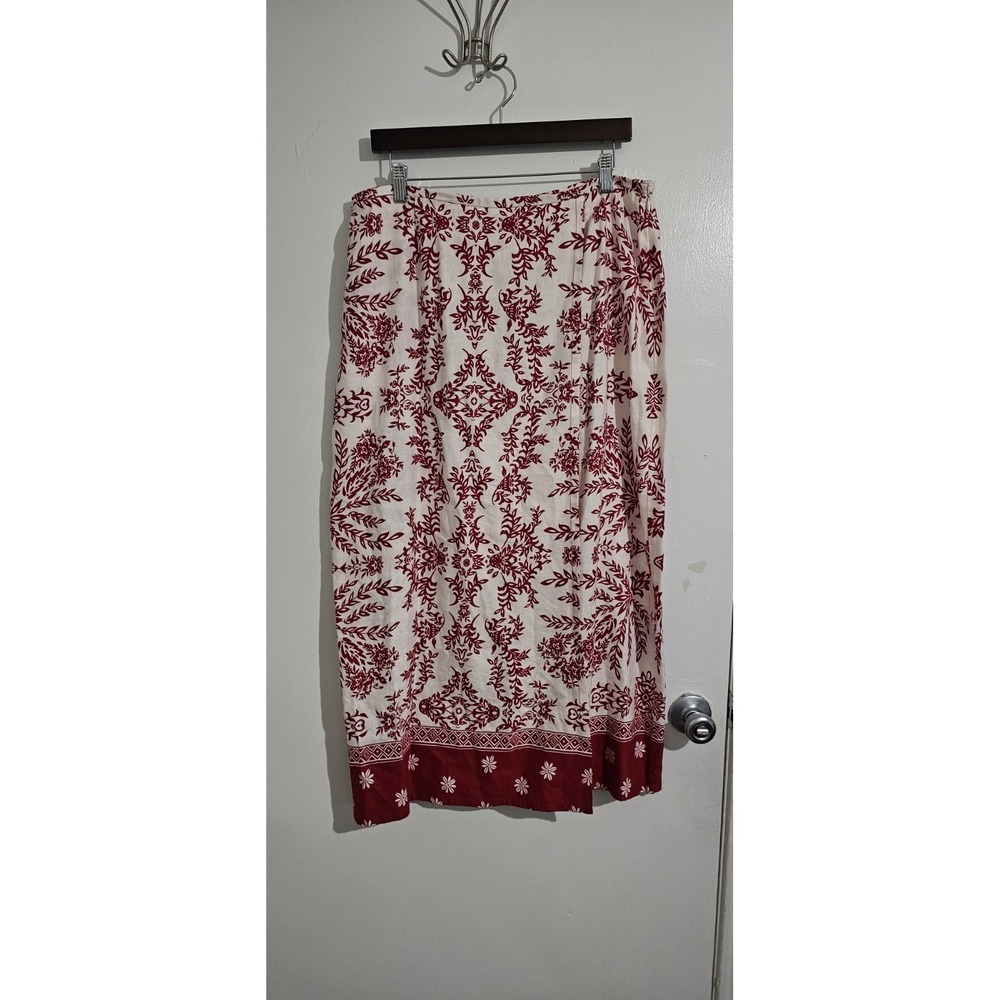 Evan Picone Wrap Floral Maxi Skirt Sz 14 Linen Blend Bohemian Preppy Red Zipper